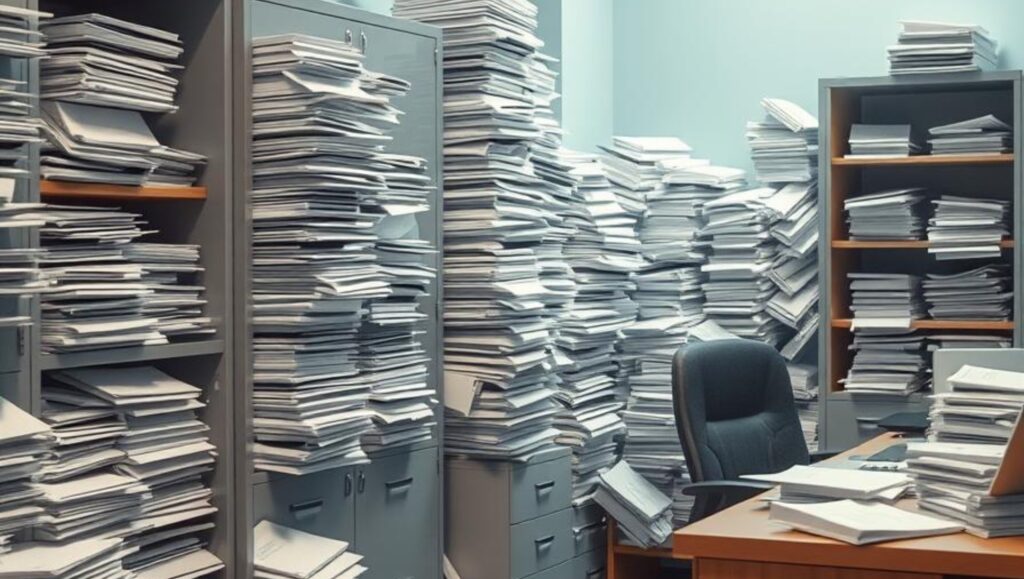 Government office overwhelmed by piles of paper records, symbolizing the need for modern physical records management solutions.