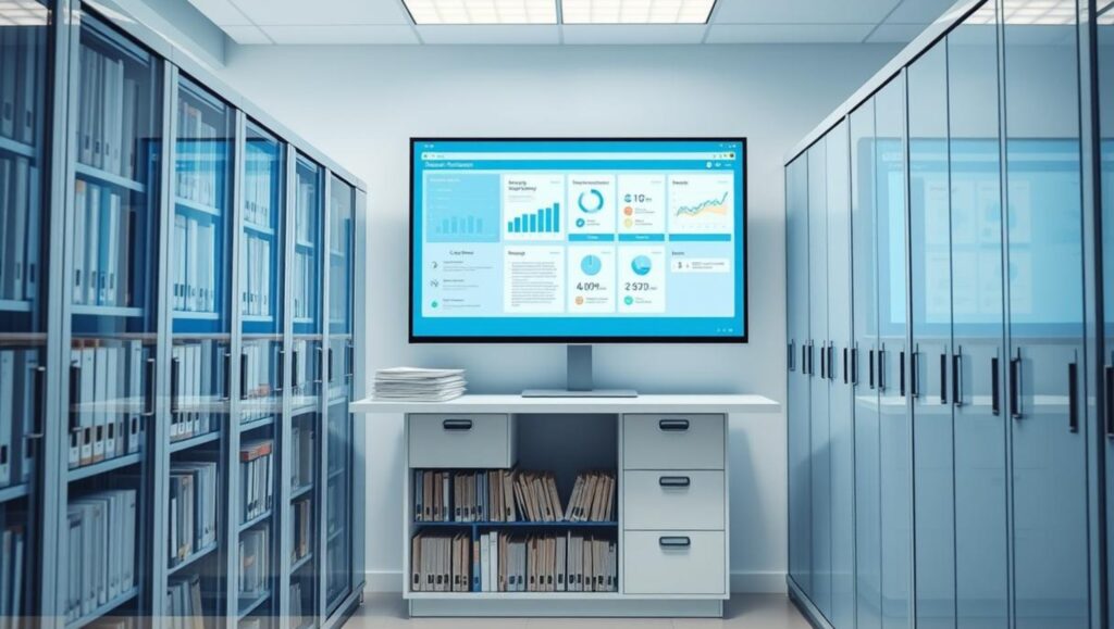 Digitally transformed records management environment with organized files and an analytics dashboard showcasing smart compliance and operational efficiency.